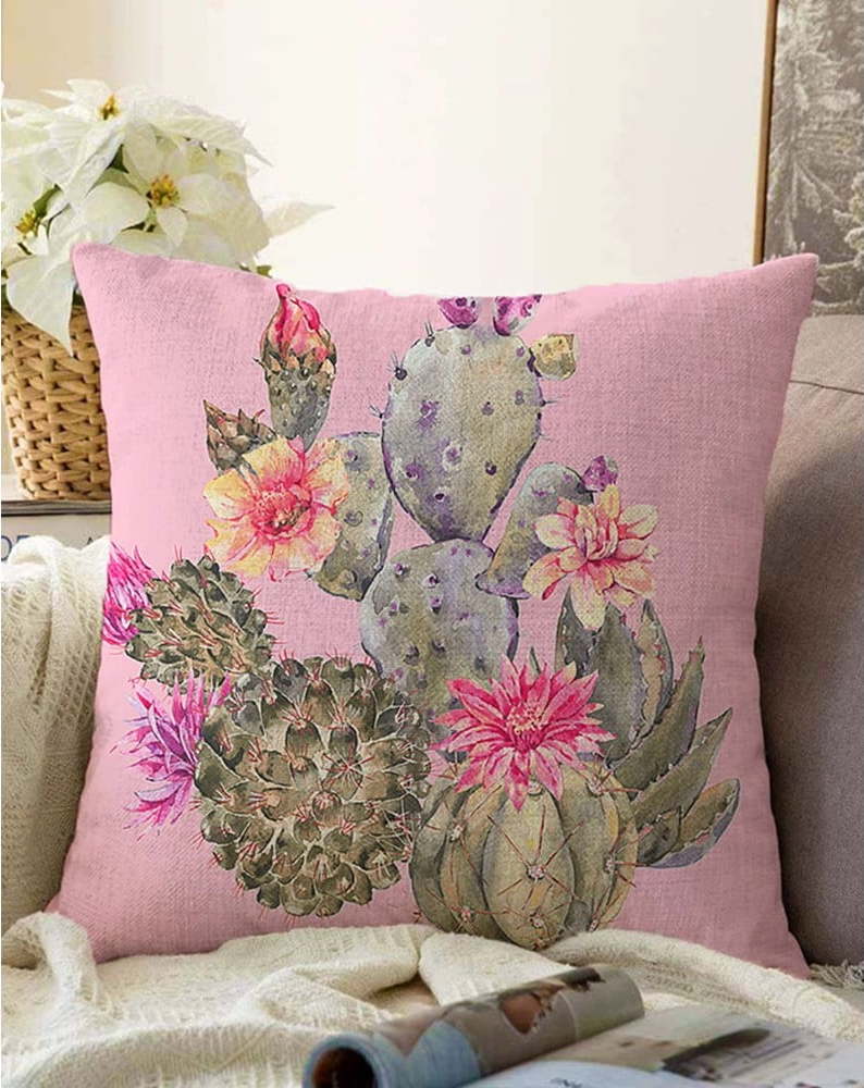 Růžový povlak na polštář s příměsí bavlny Minimalist Cushion Covers Blooming Cacti