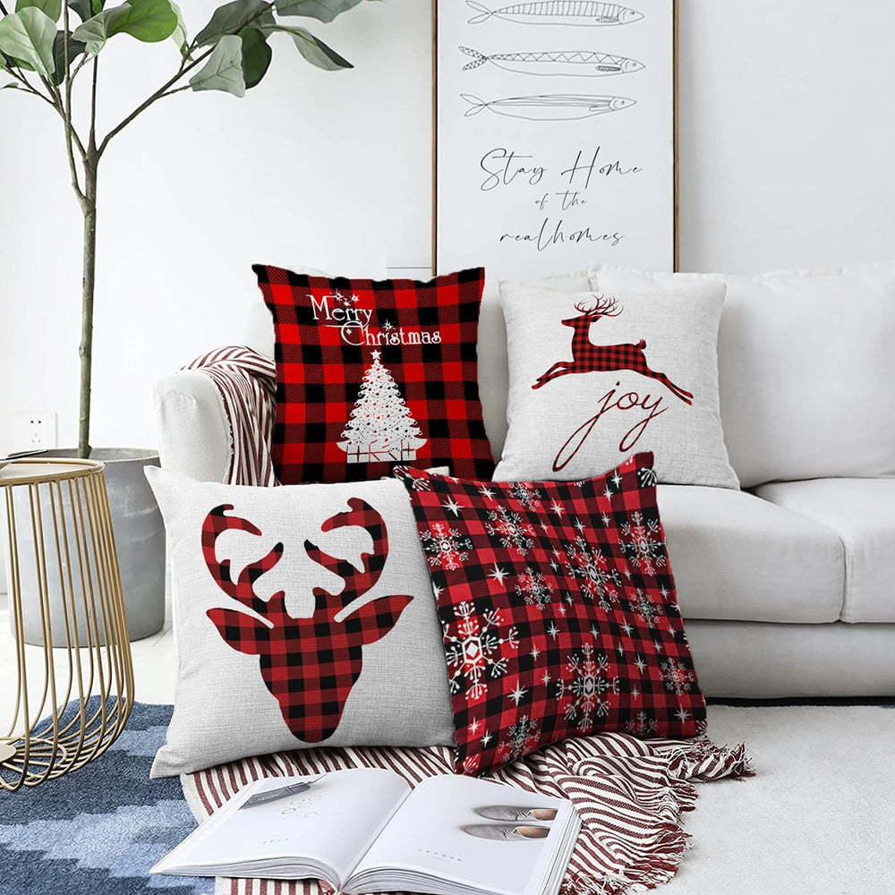 Sada 4 vánočních žinylkových povlaků na polštář Minimalist Cushion Covers Xmas Tartan