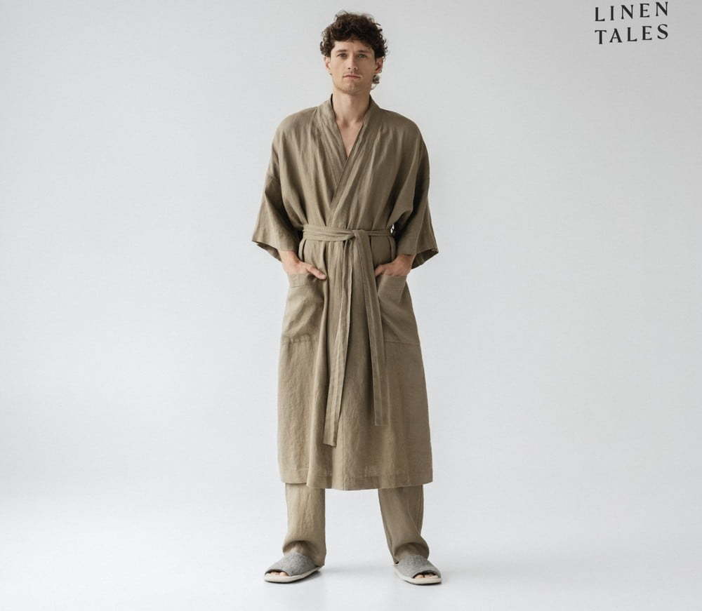 Khaki lněný župan velikost L/XL Summer – Linen Tales Linen Tales